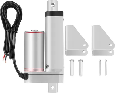 A linear electric actuator with accessories, including mounting brackets and pins, is displayed against a white background.
