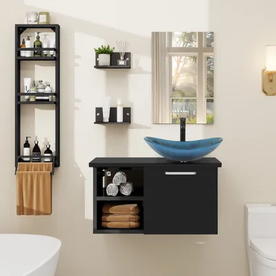 Image de Puluomis Ensemble de meubles de salle de bains avec porte-serviettes, lavabo ovale en verre bleu meuble sous lavabo meuble bas avec miroir salle de bains cuisine