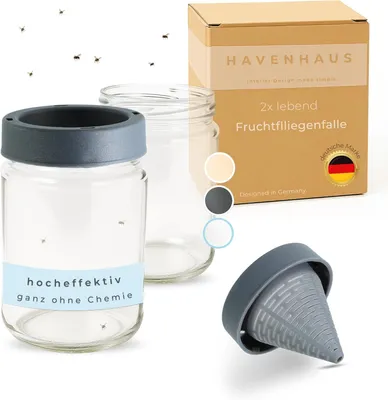 Produktbild von HAVENHAUS Fruchtfliegenfalle wiederverwendbar Glas 2er Set | Obstfliegenfalle für Küche | Fruchtfliegen dauerhaft loswerden | Fruit Fly Trap