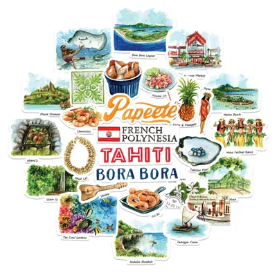 Reisstickers Französisch-Polynesien, 28 Stück, Aquarell, matt