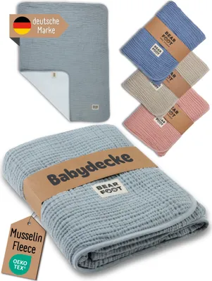 Produktbild von Babydecke - Musselin Fleecedecke (Baumwolle,Fleece) flauschig weiche Kuscheldecke, Baby, Neugeborene, Geschenk Junge & Mädchen zur Geburt - grau