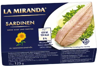 Produktbild von La Miranda Sardinen ohne Kopf und Gräten in Sonnenblumenöl 125 Gramm