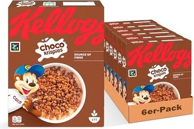 Produktbild von Kellogg's Choco Krispies (6 x 330 g) – schokoladige Cerealien verwandeln die Milch in Kakao – knusprig gepuffter Reis für maximalen Frühstücks-Spaß