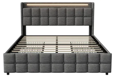 Obrázek produktu pro Čalouněná postel s LED osvětlením a úložným prostorem – rám postele 160 × 200 cm – 4 zásuvky – USB nabíjecí stanice – čelo s policí – bez matrace – šedá