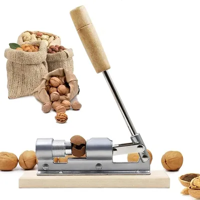 Produktbild von Edelstahl Nussknacker mit Holzgriff, Nussöffner mit Schraubgewinde, Nut Cracker für Haselnüsse, Walnüsse, Silber