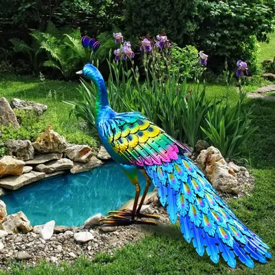 Metall Pfau Standfigur bunt handgefertigt 61x18x46 cm