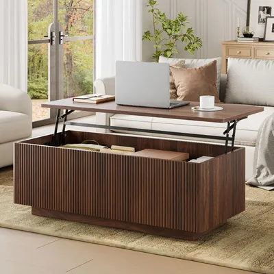 Produktbild von FABATO Lift-Couchtisch 106 cm mit großem verstecktem Stauraum, rechteckiges Fluted-Design mit abgerundeten Ecken, aufklappbar, Walnuss-Farbe, Mid-Cent