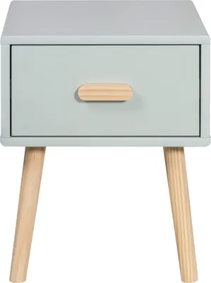 A light green nightstand with a wooden drawer pull and wooden legs, shown against a white background.