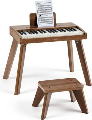 Produktbild von Kinder Keyboard - 37-Tasten Digitalpiano - Gehäuse aus Holz - Ab 3 Jahren - Mit Hocker - Realistischer Klang - Netz- und Batteriebetrieb - Einstellbare Lautstärke - Walnuss