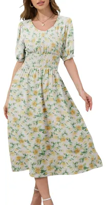 Produktbild von Damen Sommerkleid Midi Ausgestellt Luftig Blumen Weiß L
