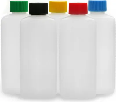 Produktbild von 5 Plastikflaschen 250 ml eckig aus HDPE, natur, G25, Deckel je 1x schwarz, rot, blau, grün, gelb