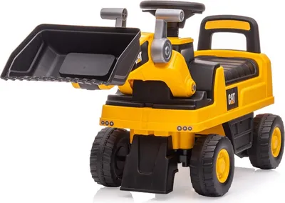 A yellow toy construction vehicle with a black bucket and seat, shown from a three-quarter front-facing angle against a white background.