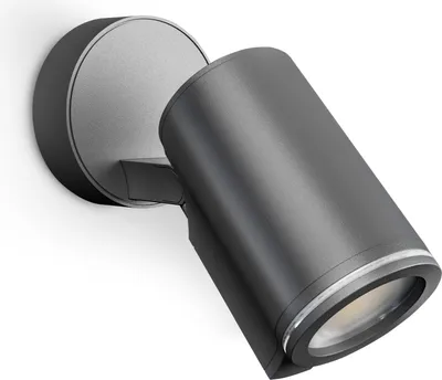 A dark gray outdoor spotlight is mounted on a wall.