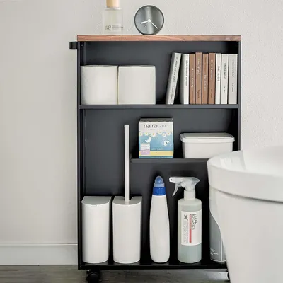 Produktbild von Yamazaki Badregal Badwagen Regal Metall Ablage schwarz modern mit Rollen Tower 04307