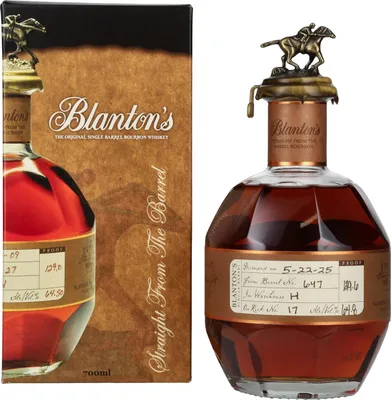 A bottle of Blanton's Straight From The Barrel bourbon whiskey and its packaging.