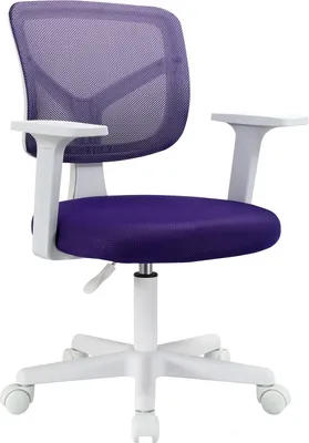 A studio shot of a purple and white office chair with wheels.