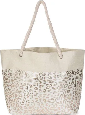 Image de Grand sac de plage à imprimé léopard - Or/Beige - Métallisé - Sac à bandoulière pour adulte - 58 x 38 x 20 - Imprimé léopard avec fermeture à glissière - Grand compartiment principal et poche intérieure - Sac de plage, grand sac de courses - Coton - Sac à motif animalier