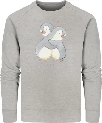 Produktbild von Mr. & Mrs. Panda Bio Baumwoll Pullover Pinguine Kuscheln Größe M - Heather Grey - Geschenk, für Freundin, Sweater, Sweatshirt, Partner, Jahrestag, Hochzeitstag, Pulli