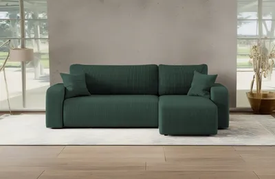 Image de Canapé d'angle avec fonction de couchage et coffre de rangement, Canapé d'angle MILANO L tissu Poso velours côtelé épais vert droite