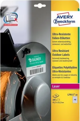 Image de Avery Zweckform® L7911-10 Étiquettes en plastique ultra-résistantes - A4, 480 pièces, 45,7 x 21,2 mm, 10 feuilles blanches