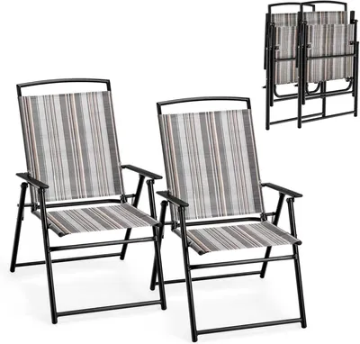 Produktbild von KOMFOTTEU 2 Stück Gartenstühle, zusammenklappbar, 150 kg belastbar, Gartensessel mit hoher Rückenlehne, Terrassenstuhl aus Stoff, gestreiftes Muster, für Balkon, Hof, Partys, 51 x 61,5 x 92 cm