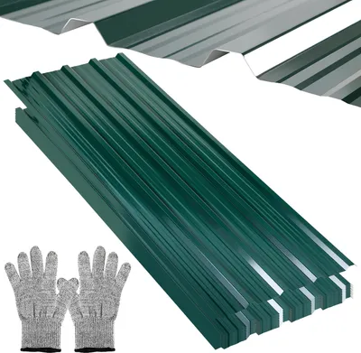 Several green corrugated metal sheets are stacked, with a pair of gray work gloves in the lower left corner. Another sheet of corrugated metal with gray and white stripes is visible in the upper background.