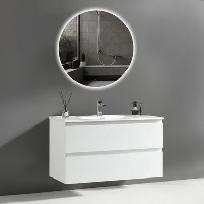 Produktbild von Alpenberger Waschbecken mit Unterschrank 100 cm Breit | Waschbeckenunterschrank Gäste WC | Led Badspiegel | Runder Spiegel mit Beleuchtung