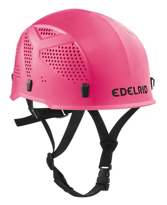 Ultralight Kletterhelm von Edelrid in leuchtendem Pink mit Belüftungsöffnungen und verstellbaren Riemen.