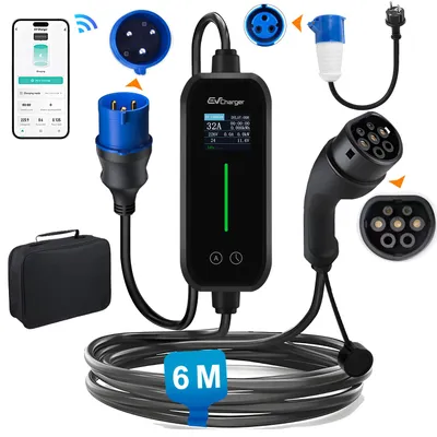 Immagine prodotto di Caricatore EV, tipo 2, 7 kW, 32A, modalità 2, cavo da 6 metri, adattatore CEE da 7 kW a 3,5 kW, display da 1,77 pollici, app, regolabile da 6A a 32A, grado di protezione IP65, custodia da trasporto