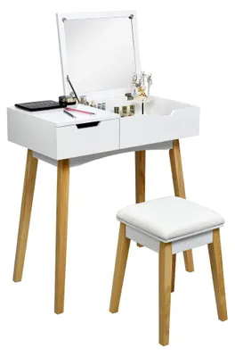 Produktbild von 2 in 1 Schminktisch mit Hocker, Frisiertisch mit klappbarem Spiegel und Schublade, Kosmetiktisch für Schlafzimmer und Wohnzimmer, weiß