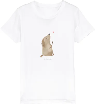 Produktbild von Mr. & Mrs. Panda Kleinkinder T-Shirt Hund Liebe 12-14 Jahre (152/164) - Weiß - Geschenk, Mädchen, für Kinder, Teenager, Kindershirt, Sprüche, Baumwolle, Hunde, Herz