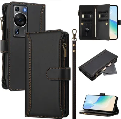 Obrázek produktu pro Pouzdro pro Huawei P60/P60 Pro, zipem, peněženkovéPolyuretankožené flip pouzdro s kapsami na karty, stojánkem a poutkem na ruku černý