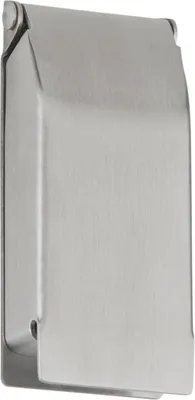 A close-up, studio shot of a silver metal cover for an electrical outlet.