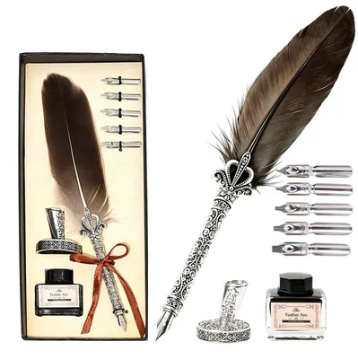Imagen del producto de Juego de plumas con tinta negra, plumas de acero inoxidable, estilo antiguo, 1 tintero, ideal para la escritura