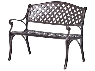 A brown metal garden bench with a lattice back and seat, shown against a white background.