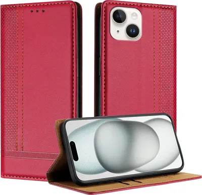 Produktbild von Handyhülle für iPhone 13 Mini Leder Flip Klappbare Schutzhülle mit Standfunktion Rot