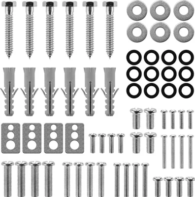 A collection of various screws, washers, and wall plugs arranged neatly on a white background.