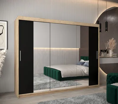 Produktbild von Schwebetürenschrank mit einer Breite von 250 cm TIMEA 2 – Eiche Sonoma / Schwarz