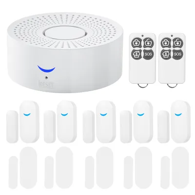 A set of smart home security devices including a central hub, two remote controls, and multiple door/window sensors, all displayed on a white background.