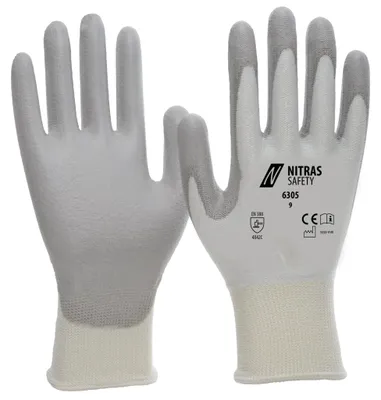Produktbild von 10x NITRAS Schnittschutzhandschuhe, Spezialgarn, weiß, PolyurethanBeschichtung, grau, teilbeschichtet auf Innenhand und Fingerkuppen, Strickbund, hoher Schnittschutz, höchster Tragekomfor| Packung (10 Paare)