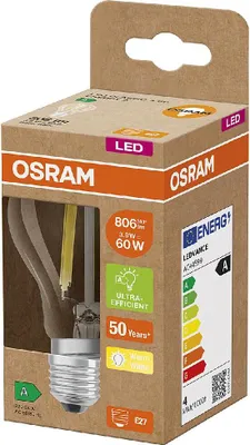 Obrázek produktu pro Úsporná žárovka OSRAM LED, skleněná žárovka s paticí E27, teplá bílá (3000K), 4 W, nahrazuje běžné 60W žárovky, obzvláště vysoká energetická účinnost a úspora energie, 1 balení