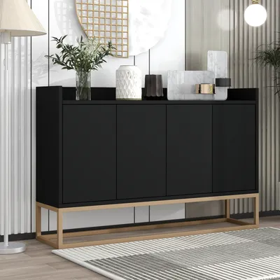 Produktbild von CDGlobal Kommode Sideboard mit 4 Türen und verstellbaren Ablagen, goldenen Metallrahmen und Push-to-Open Funktion, Wohnzimmerschränke Massivholz Anrichte, 120x30x80 cm,schwarz