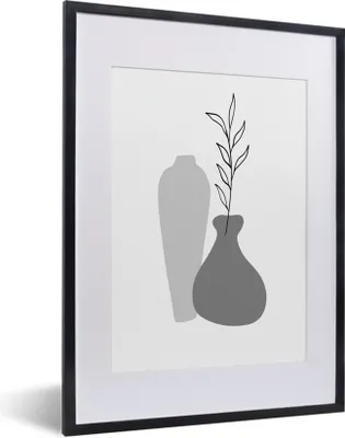 Produktbild von MuchoWow® Gerahmtes Poster Zeichnung - Pflanze - Schwarz - Weiß 30x40 cm - Poster mit Schwarzem Bilderrahmen Wandposter Rahmen Foto Bilder - Wandposter Schlafzimmer