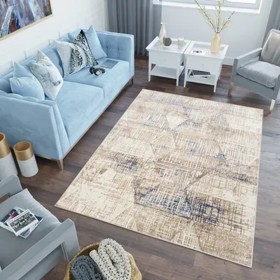 Produktbild von Teppich Wohnzimmer Schlafzimmer Kurzflor Modern Design Creme Blau Abstrakt Meliert 120 x 170 cm