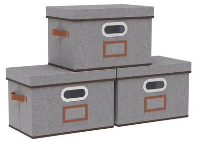 Produktbild von Aufbewahrungsbox mit Deckel und Griff, faltbare Aufbewahrungskörbe mit Etikettenfach, 3-teiliges Aufbewahrungsbox-Set, geeignet für Schlaf- und Wohnzimmer, 38 x 25 x