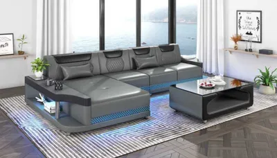 Produktbild von Eckgarnitur Ecksofa L Form Ledersofa Couch Sofa Grau Luxus Moderne Couchen