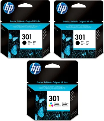 Produktbild von HP 301 Schwarz (2)/3er-Pack Cyan/Magenta/Gelb(1) Original Druckerpatronen, Schwarz, Cyan, Magenta, Gelb, Tinte auf Farbstoffbasis, Tinte auf Pigmentbasis, 3 Stück(e), 380 Seiten, Multipack