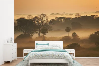 Produktbild von MuchoWow® Fototapete für Wohnzimmer oder Schlafzimmer Wandtapete Vinyl Motivtapete Grasland im Morgennebel im Pantanal - 450x300 cm - Gemusterte