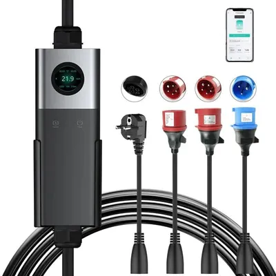 Produktbild von Qiao Kit Mobile Wallbox 22 kW 32 A  dreiphasig, 6.5 m Typ Kabel 2 mit F/E-Stecker, CEE 32A rot/blau, CEE 16A für Elektrofahrzeuge