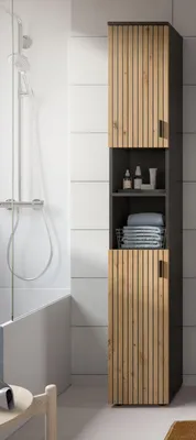 Produktbild von Mone Hochschrank Bad 2 Türen, 2 Regale Eiche Nachbildung, dunkelgrau.